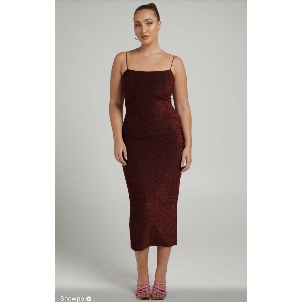 Showpo US 10 Keep The Party Going Dress Midi Lurex Wine Red Slip Holiday Glitter